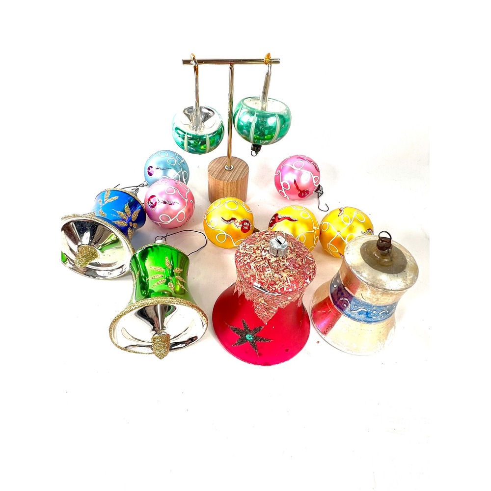 Vintage Mercury Glass Christmas Ornaments Lot Bells Rounds Glitter Hand Painted